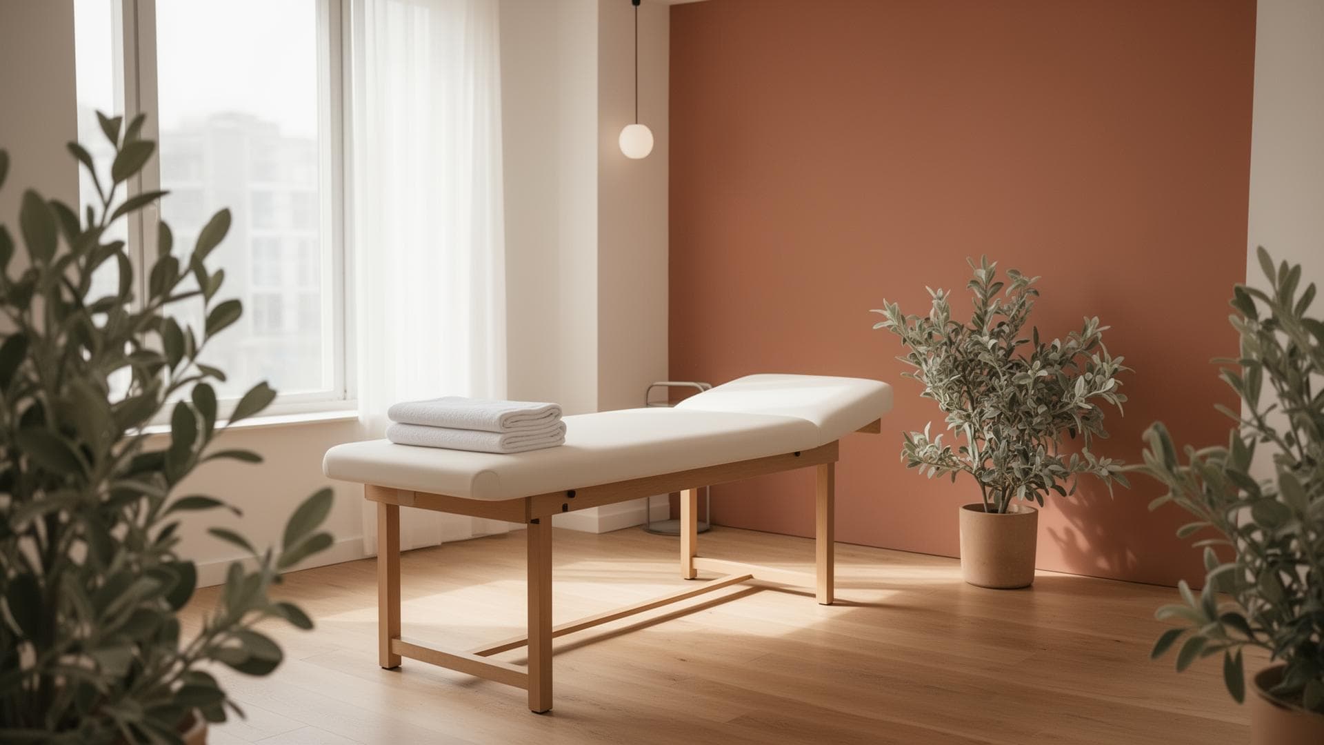 Sala luminosa de fisioterapia preparada para una sesión